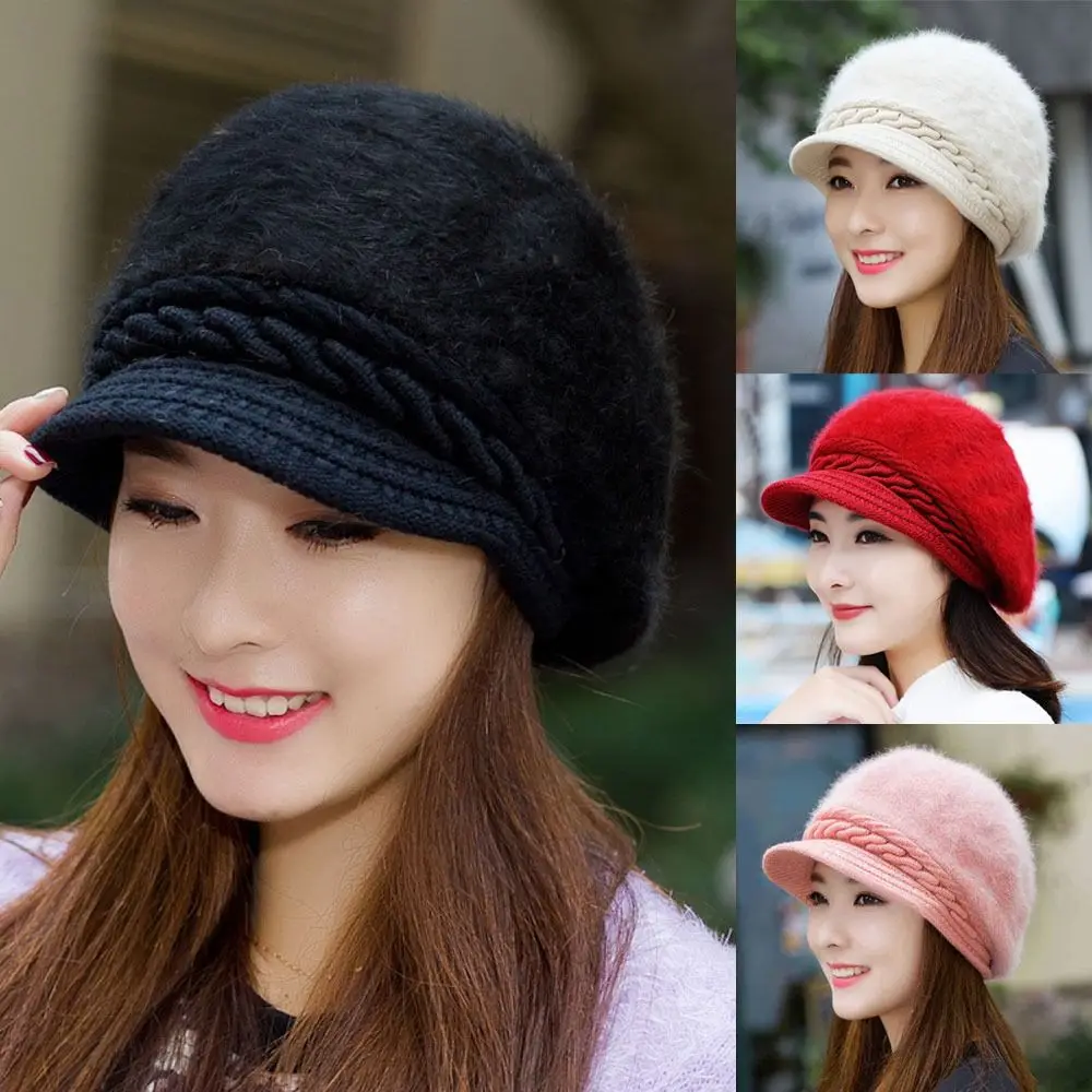 Vintage Dikker Warm Winter Baret Muts Gebreide Faux Konijnenbont Gezellige Muts Pluche Casual Oorbeschermkap Vrouwen