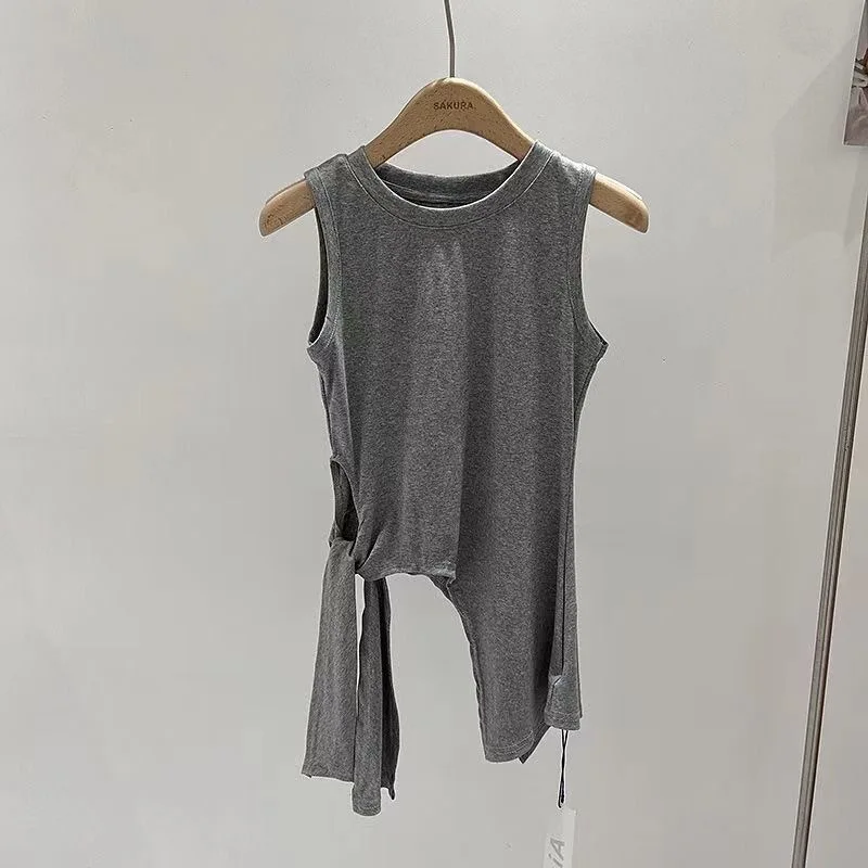 teenage girls t-shirt irregular sleeveless summer 2026 Korean round neck tie up kids clothes streetwear dance 3 to 16 years