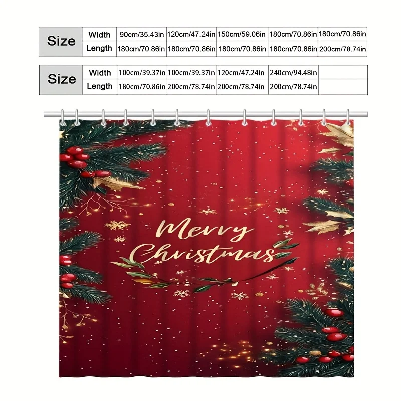 1pc Christmas Shower Curtain with Green Pine Red Berries & Golden Snowflakes Holiday Pattern - Machine Washable Fabric Bathroom