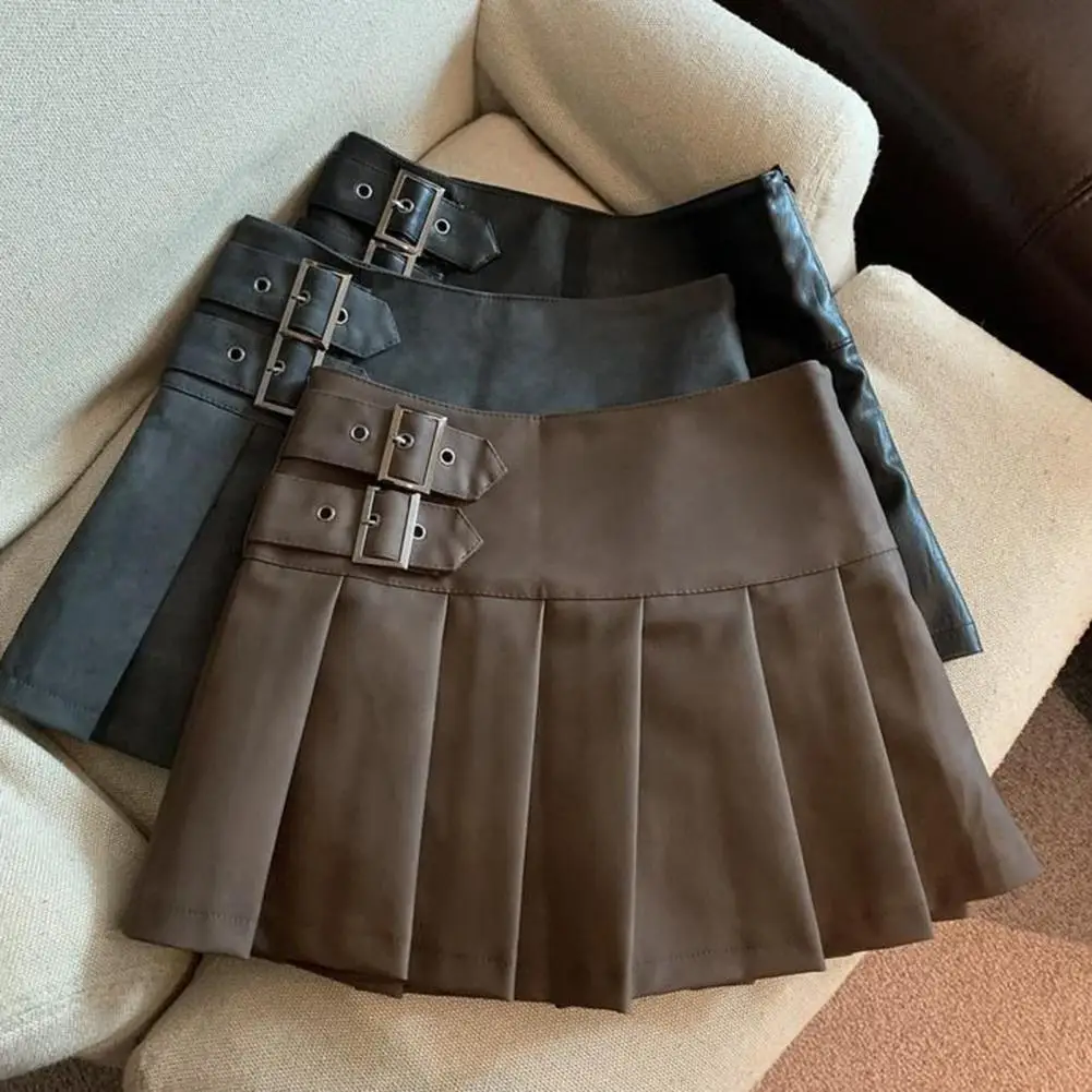 Imitation Leather Mini Skirt With Belt Detail Summer A-line Short Skirt Women Pleated High Waist Vintage Skirt Y2K-Streetwear