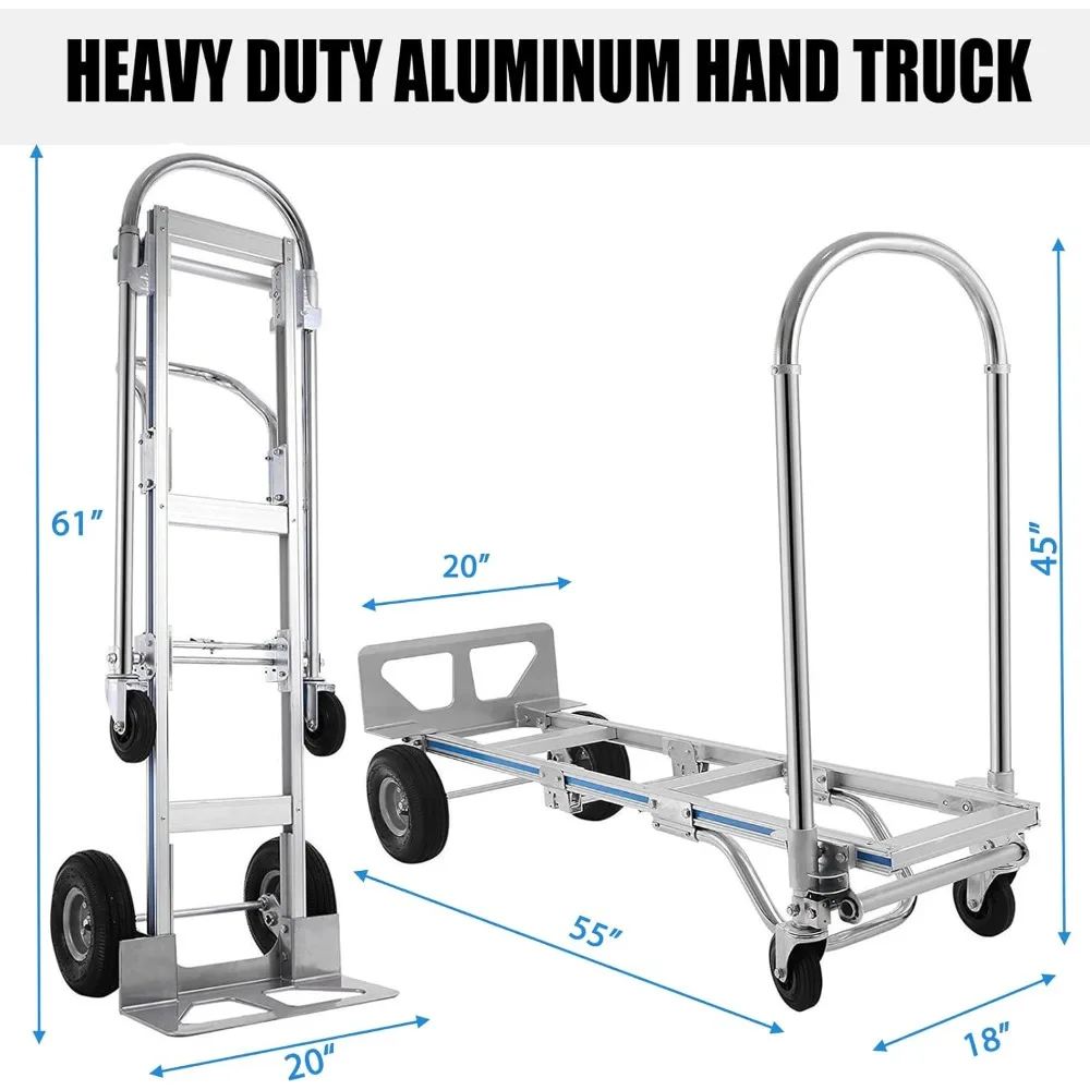 Heavy Duty Aluminum Hand Truck, Industrial Convertible Hand Truck Dolly Large Size, Utility Cart Converts from Hand Truck