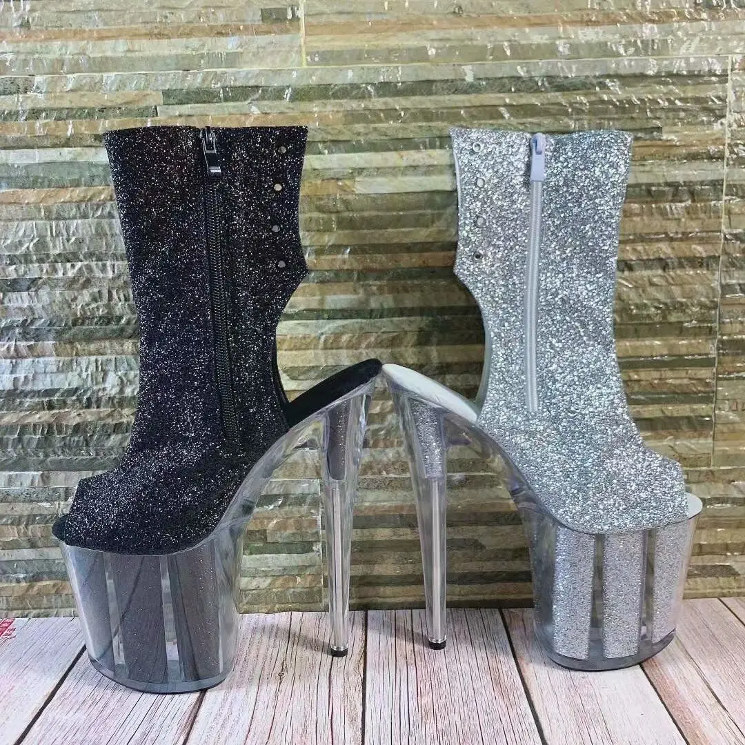 

Transparent soles 20cm stiletto, 8 inch model boots for the night club show, fish mouth zip openings, sequined vamp, ankle boots