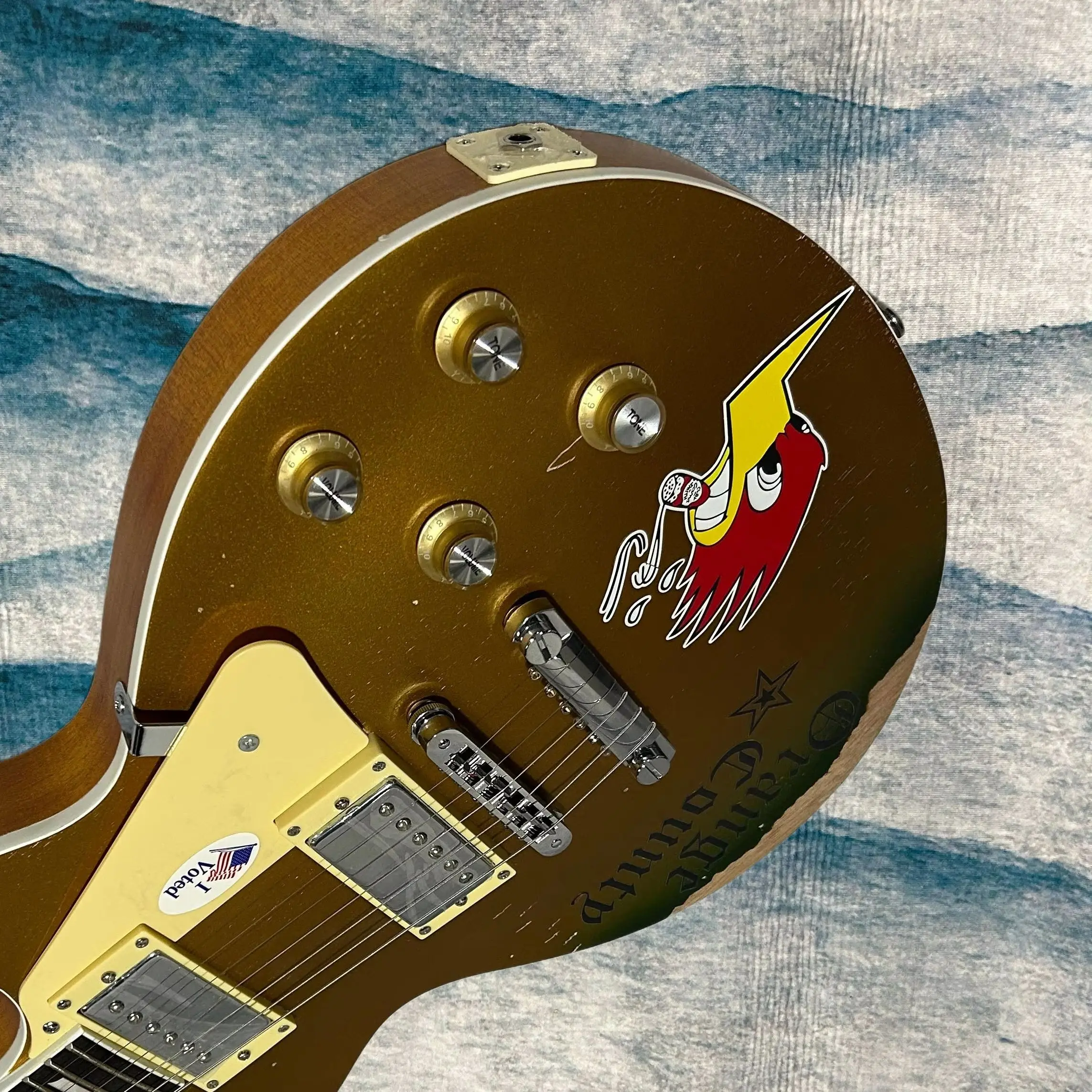 Aged Electric Guitar Vintage Finish Metallic Golden Version Rosewood Fretboard Bird Decal