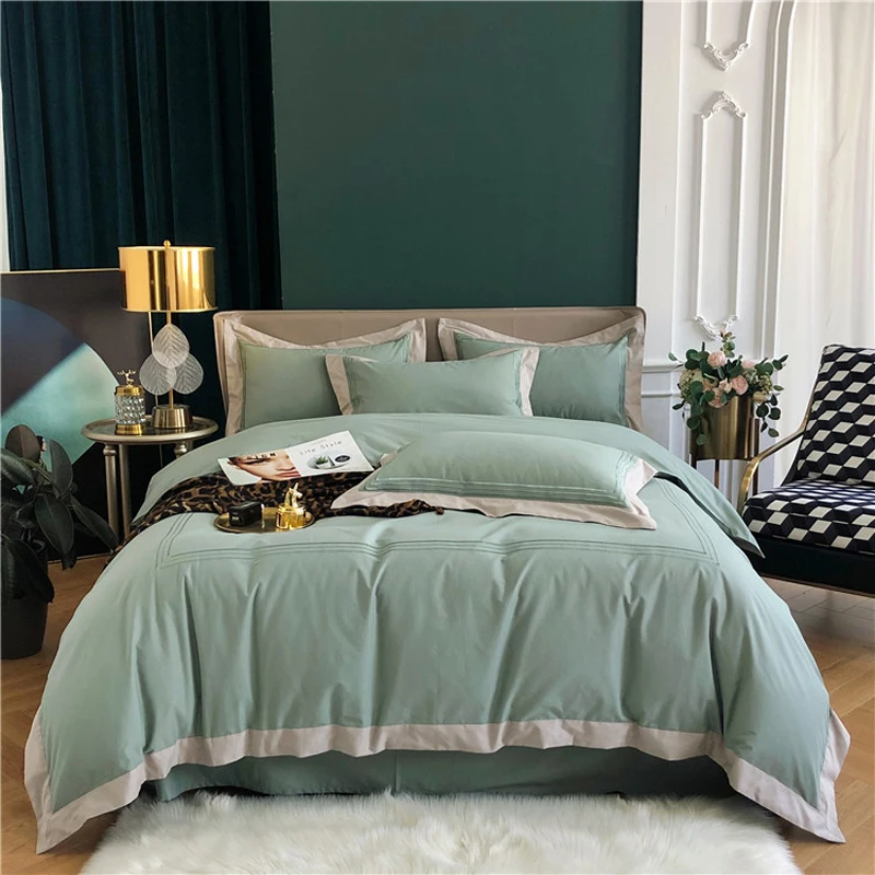 

2024 New Four-piece Bedding Simple Cotton Double Household Bed Sheet Letter Pattern Quilt Cover Comfortable Bedding Green Gray