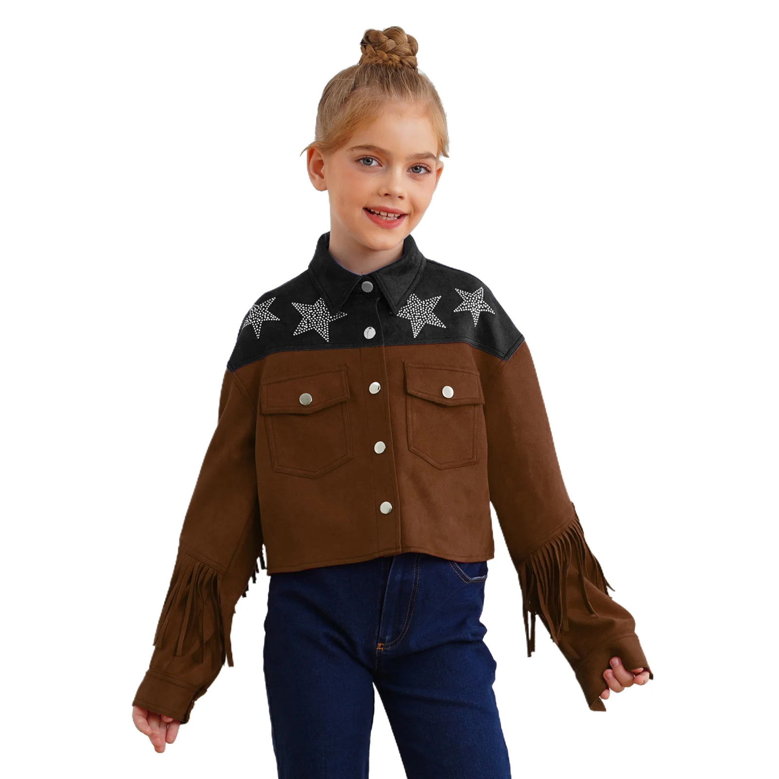 

Boys Girls Western Cowboy Faux Suede Tassels Jacket Coat Spring Autumn Turn-Down Collar Long Sleeve Star Rhinestones Outerwear