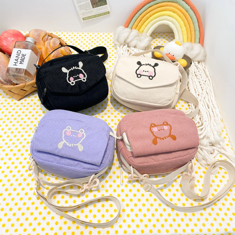 Fashion Lightweight Small Corduroy Crossbody Bags Girls Soft Casual Cellphone Messenger Purse Cute Embroidery Handbags for Gift