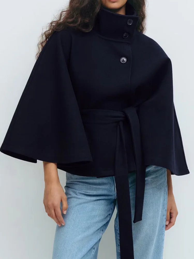 

Fashion Lace-Up Waist Hight Street Loose Outercoat Elegant Stand Collar Trench Jacket Women Casual Long Sleeve Solid Short Coats