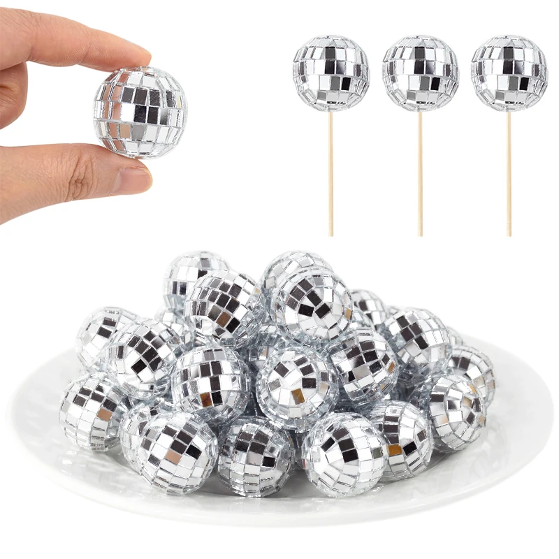 

100PCS Disco Ball Cake Toppers Cake Insert Card Decoration Wedding Christmas Birthday Party Dessert Decoration For Shower Supply