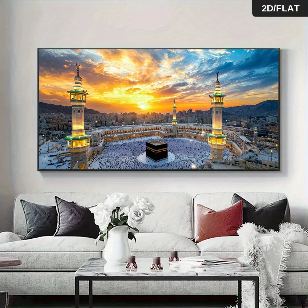 1pc frameless Canvas Painting 1pc Modern Islamic Architecture Canvas Wall Art Painting, Frameless Minimalist Mecca Kaaba Sunset