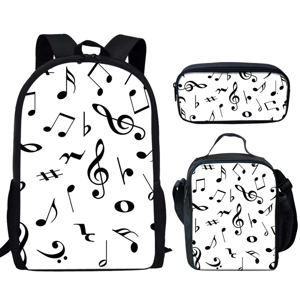 Tas sekolah anak laki-laki perempuan, ransel kampus harian siswa, cetakan catatan musik, dengan tas pensil 3 buah/set