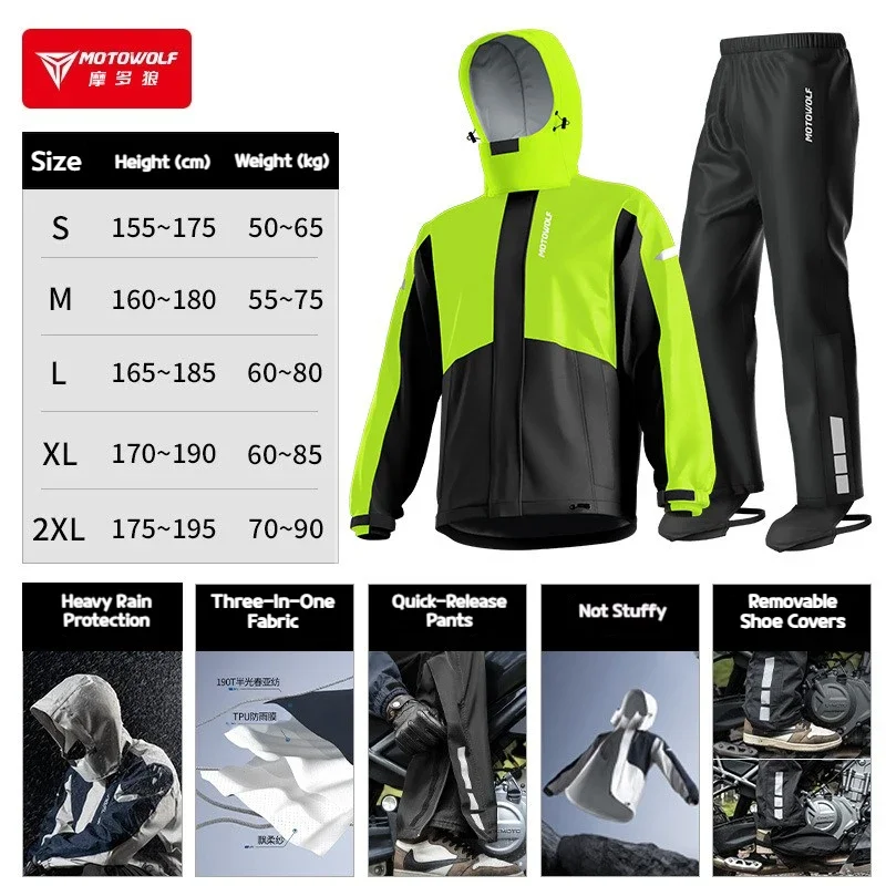

MOTOWOLF Motorcycle Raincoat Set Split Reflective Waterproof Comfortable Portable Outdoor Cycling Light Raincoat Rain Pants