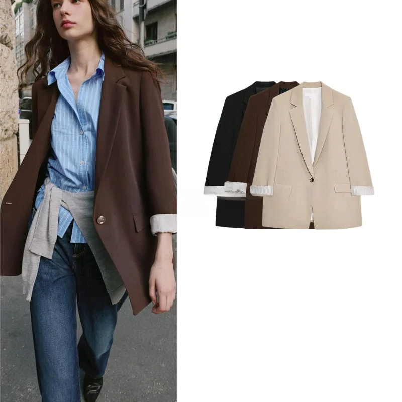 

Autumn New Women's American Sle Long Sve Printed Cuff Suit Jaet with oulder Pad Flip Cover Collar Casual Loose Fit