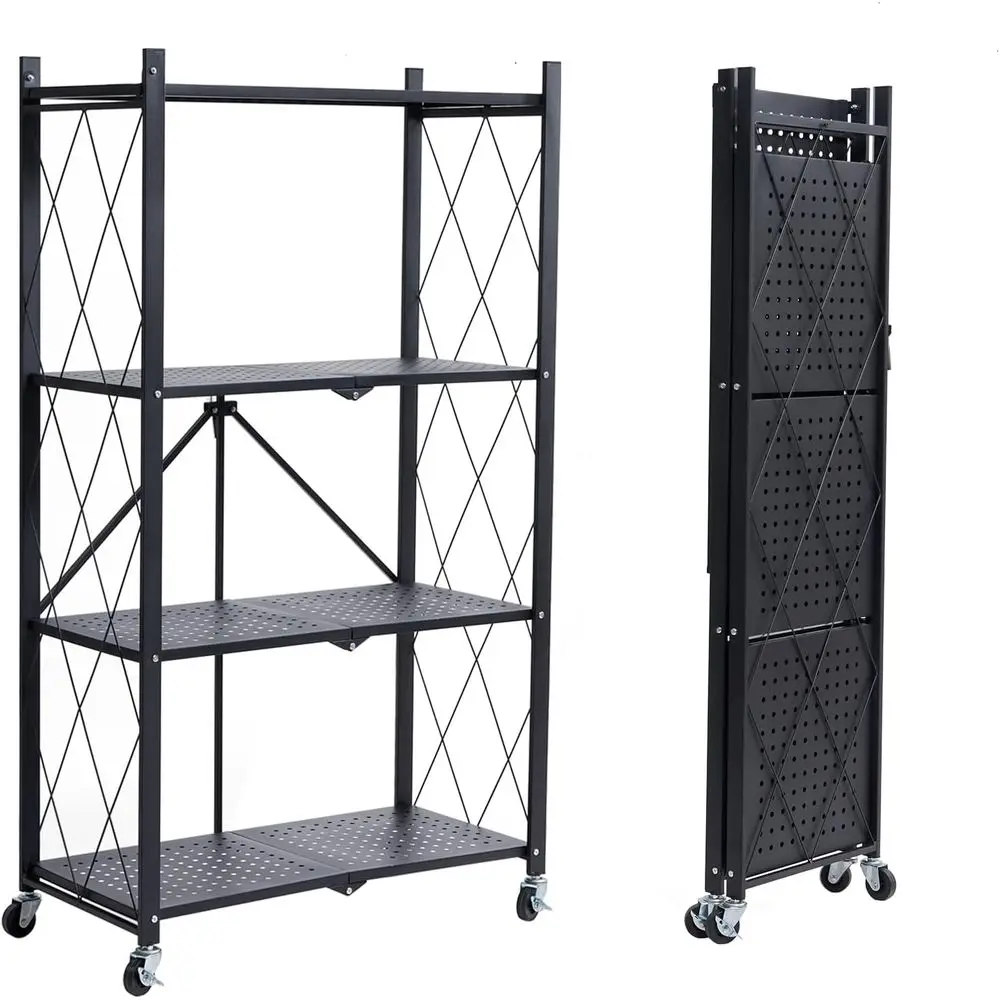 

4-Shelf Foldable Storage Shelves with Wheels, Folding Metal Rack Shelving Unit, Heavy Duty No Assembly Organizer Shelf for Garag