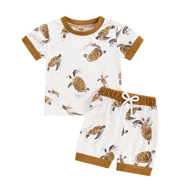 

Toddler Boys Summer Outfits Ocean Turtle Print Round Neck Short Sleeve T-Shirts Elastic Waist Shorts 2Pcs Clothes Set