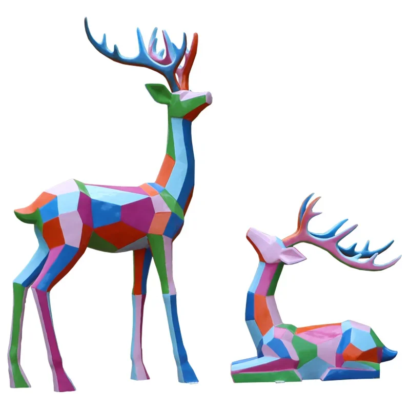 FRP painted geometric sika deer sculpture outdoor community sales office ornament garden landscape lawn ornament