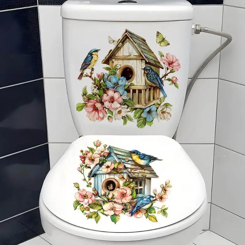 Cartoon Branch Bird Wall Sticker Set Bathroom Toilet Seat Tank Living Room Home Decor