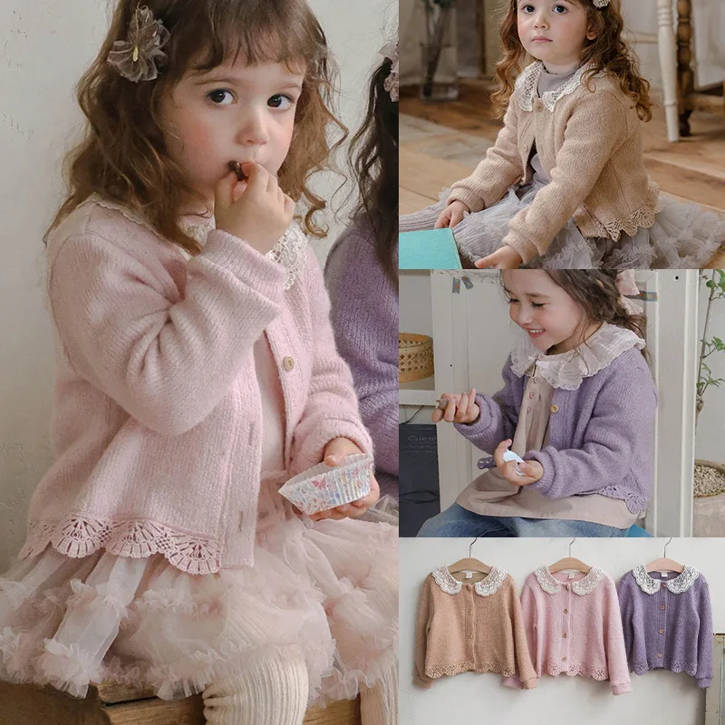 

Girls Cardigan Sweater 2025 Autumn Children Kids Girls Hollow Embroidered Lace Knitted Cardigan Jacket Coat