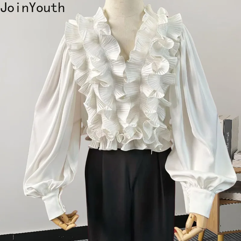 2024 Blusas Mujer De Moda White Blouse Women Clothing Temperament Ladies Tops Sweet Ruffles Lantern Sleeve Shirt Blouses 7o240