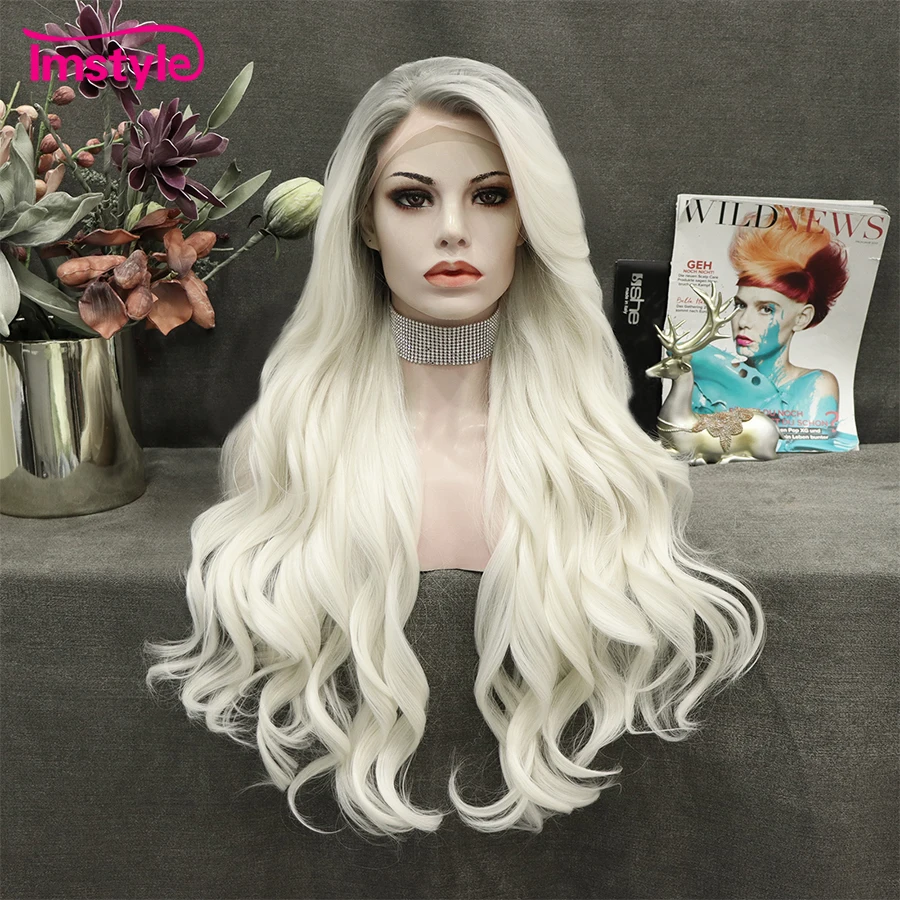 Imstyle White Blonde Wig Long Synthetic Lace Front Wig Dark Root Natural Wavy Heat Resistant Fiber Cosplay Wigs For Women