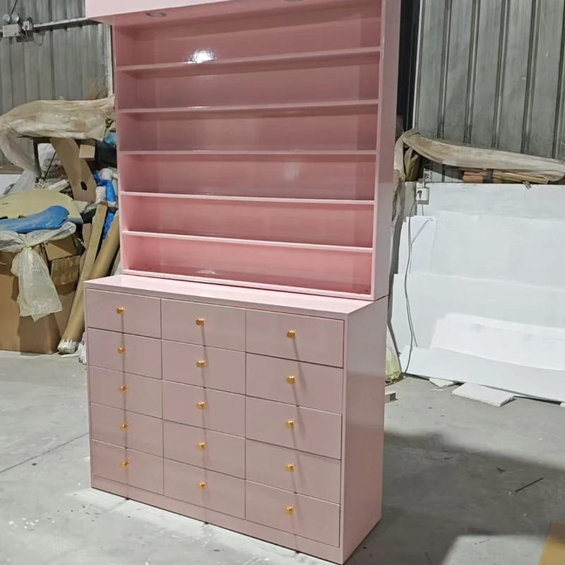 Beauty Shop Furniture Orange Wood Display Cabinet Modern Luxury Nail Polish Rack Salon Shelves With Storage Drawers And Lights view 4