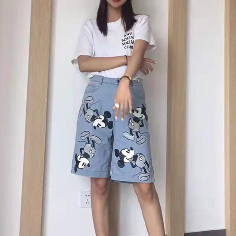 Summer New Disney Mickey Printed Loose Straight Wide Leg Denim Pants High Waist Short Jeans for Men and Women Casual Shorts