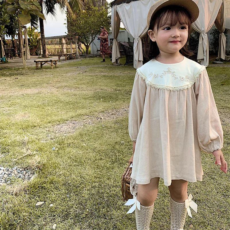 Toddler Girls Retro Dress Spring Autumn Cotton Lace Spliced Children Girls Vestidos Loose Long Sleeve Jacquared Babys Girl Dress