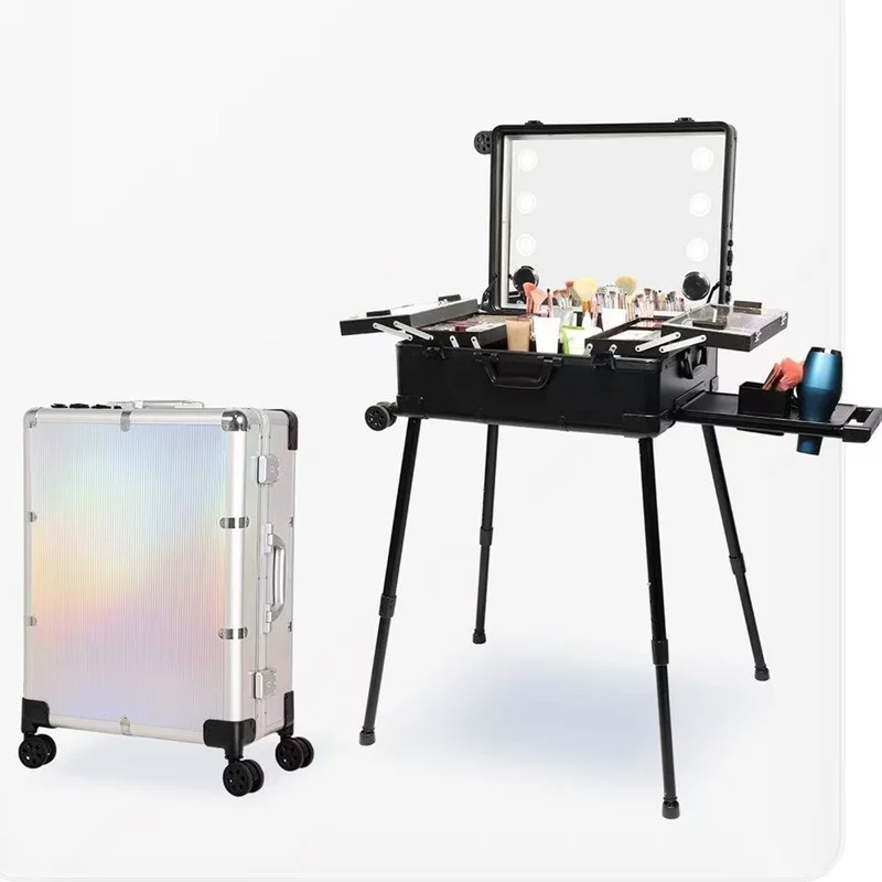 Makeup Artist Rolling Cosmetic Trolley Aluminum Alloy Train Case Tempered Glass LED Mirror with Wheels for Salon Wedding Travel