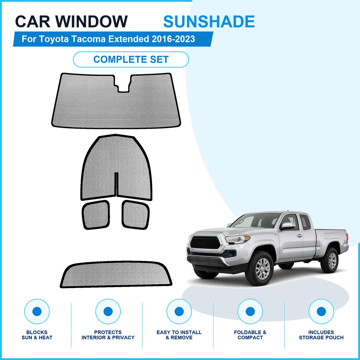 For Toyota Tacoma Extended 2016-2023 Custom Full Set Window Sunshades Aluminum Foil Suction Cup Anti UV Privacy