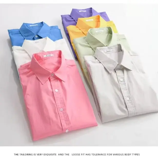 Korean Style Purple Shirt Men Spring Summer Simple Fresh Shirt Lapel Pure Cotton Long Sleeve Shirt Casual Tops Male Basic Shirt