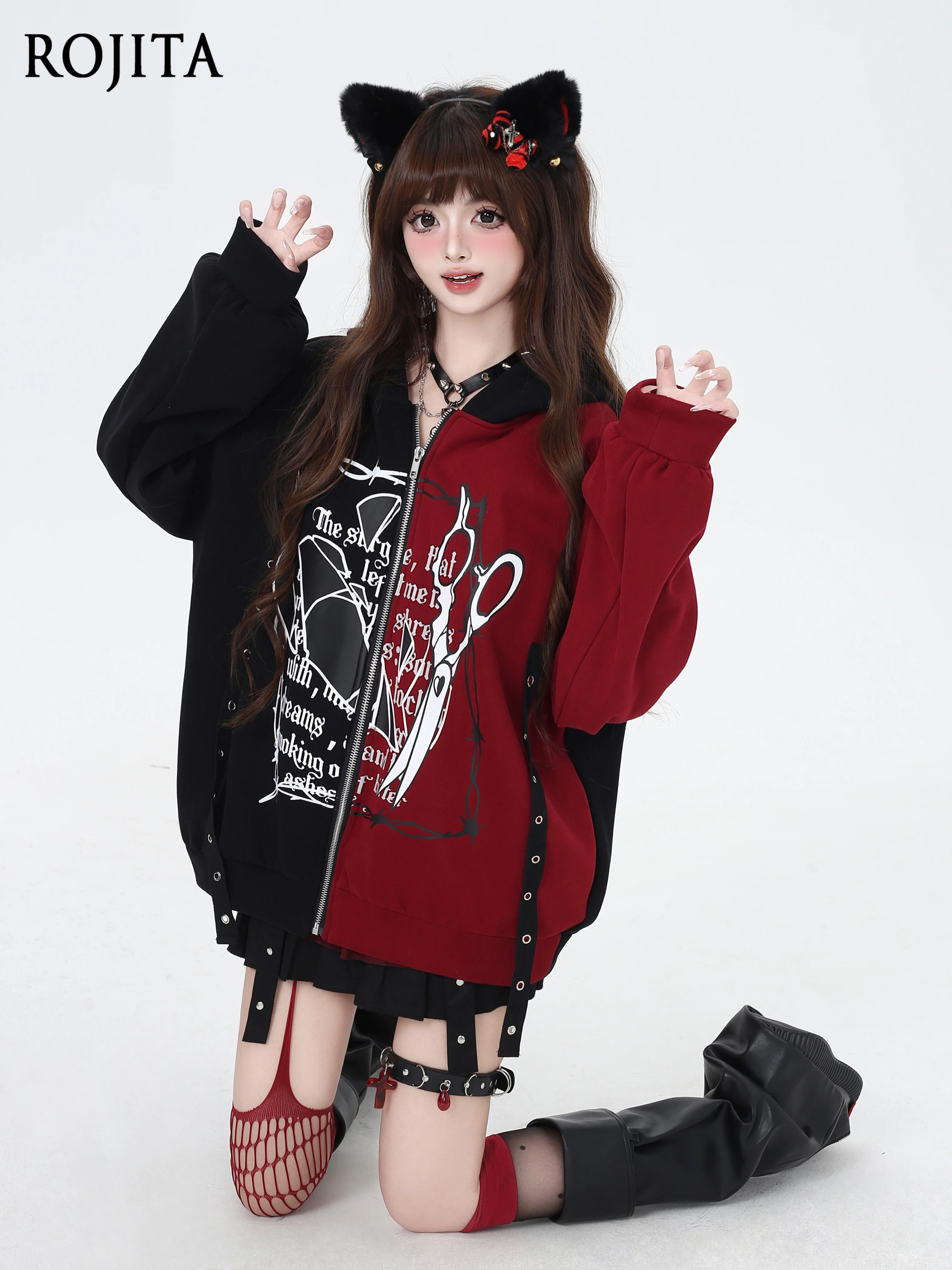 Original Sweet Cool Subculture Color-Block Hooded Loose Sweatshirt Women Autumn Winter Jacket Letter Print Zipper Hoodie