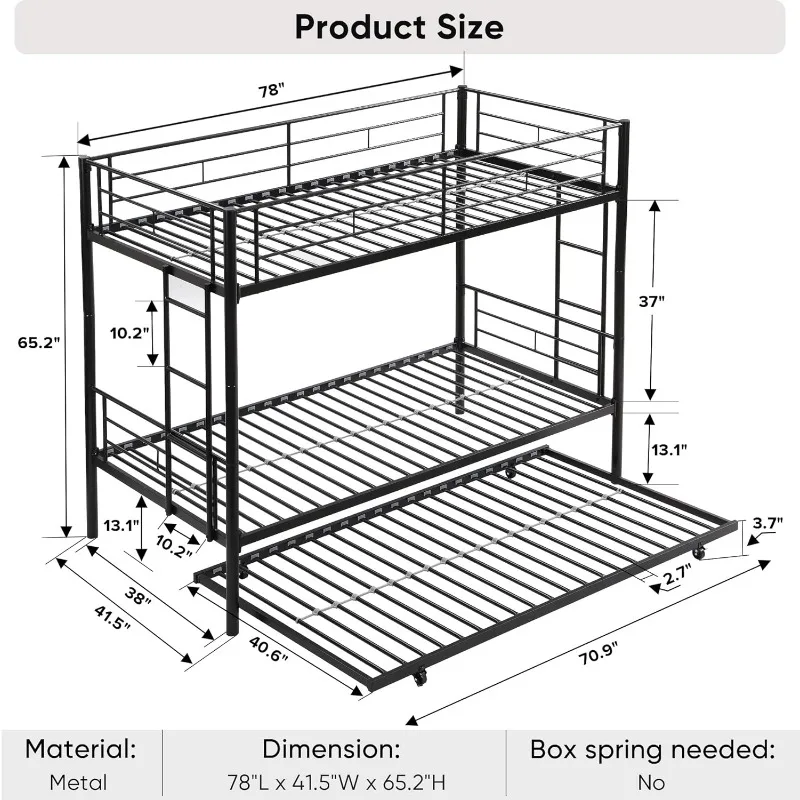 Twin Over Twin Bunk Bed with Trundle, Two Side Ladders & Guard Rails, No Box Spring Needed, Metal Bunkbed Frame,