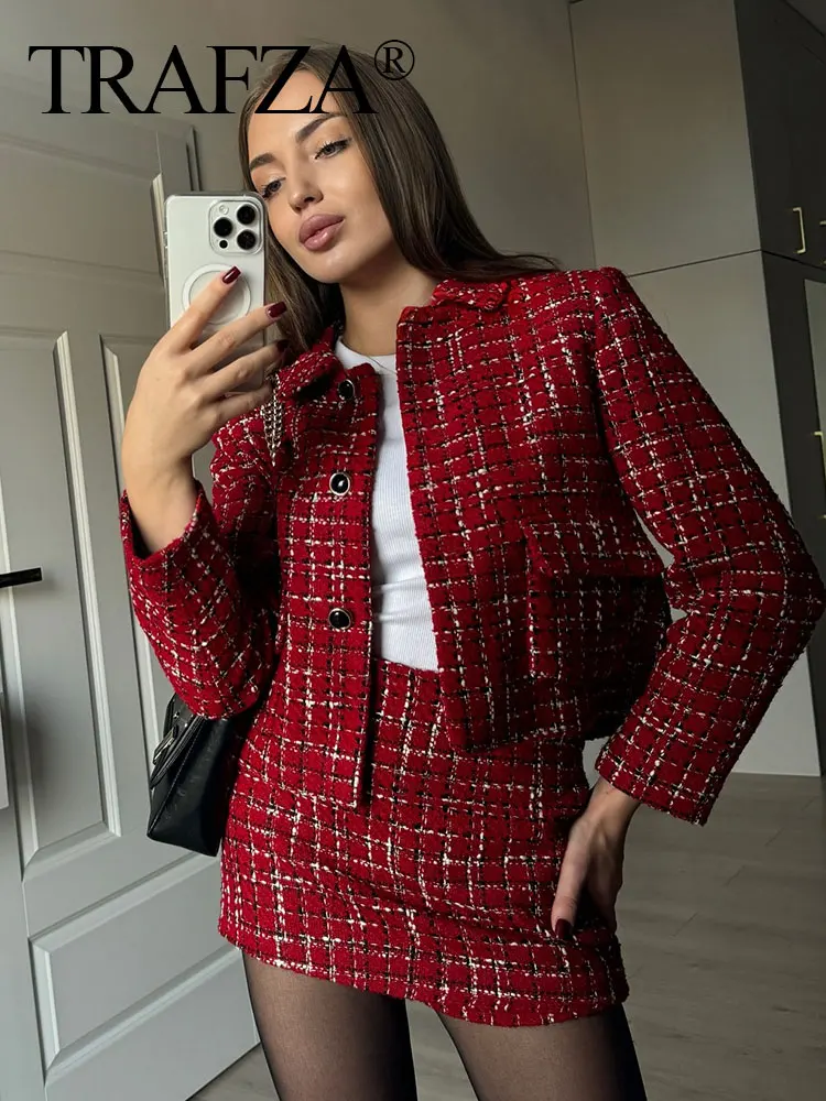 TRAFZA Women Red Skirt Suit Texture Single Breasted Pocket Knit Lapel Jacket Coat+Elegant High Waist Side Zipper Culottes Street