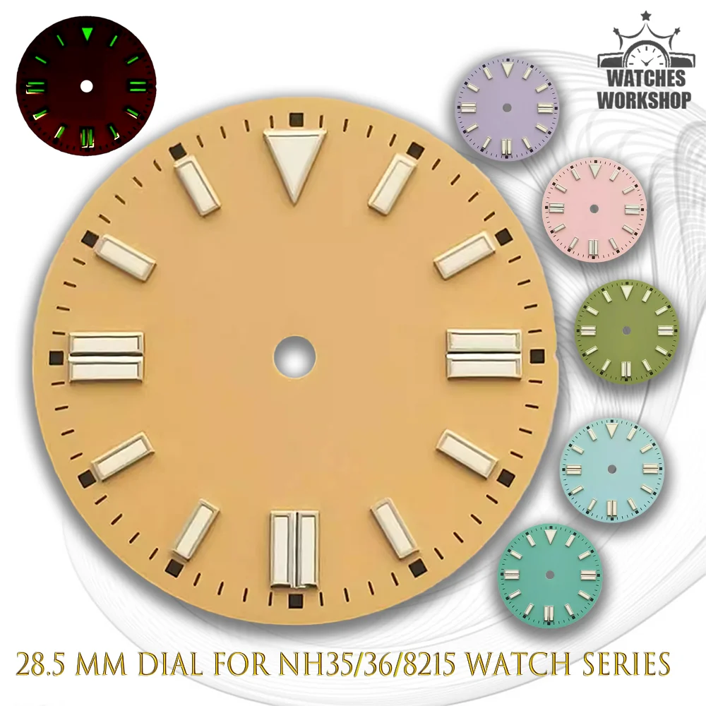 28.5mm Macaron Solid Color Watch Dial Green Luminous Stick Index Fit NH35 NH36 MIYOTA8215 Mechanical Watch DIY Accessories