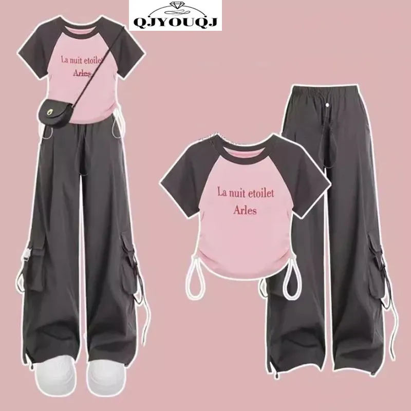 

2025 Spring/Summer Korean Edition New Women's Clothing Splicing T-shirt+Fashion Wide Leg Pants Two Piece Set