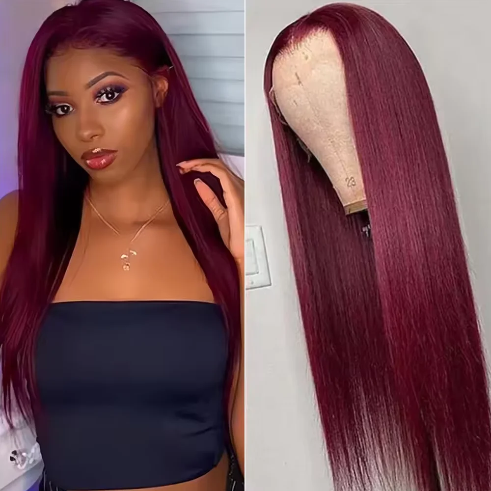 

99J бордовый прямой цветной парик из натуральных волос 34 дюйма 13x4 прозрачный кружевной фронтальный для женщин повседневная одежда предварительно выщипанные