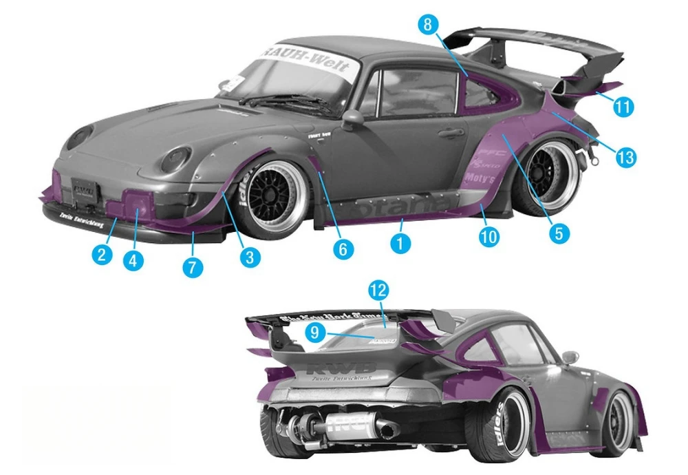 TC993 1/10 RWB 993 lexan body Części do modernizacji. Zestaw szerokich błotników 1/10 On Road Body. Zabawki zdalnie sterowane