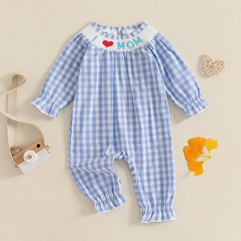 

Infant Plaid s with Monogrammed Letters and Smocked Detailing Long Sleeves and Round Neckline Romper