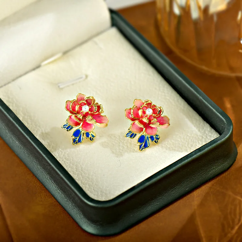 

Chinese Classical Style Red Peony Enamel Craftsmanship Fashionable Temperament Women's Earrings Retro Accessories