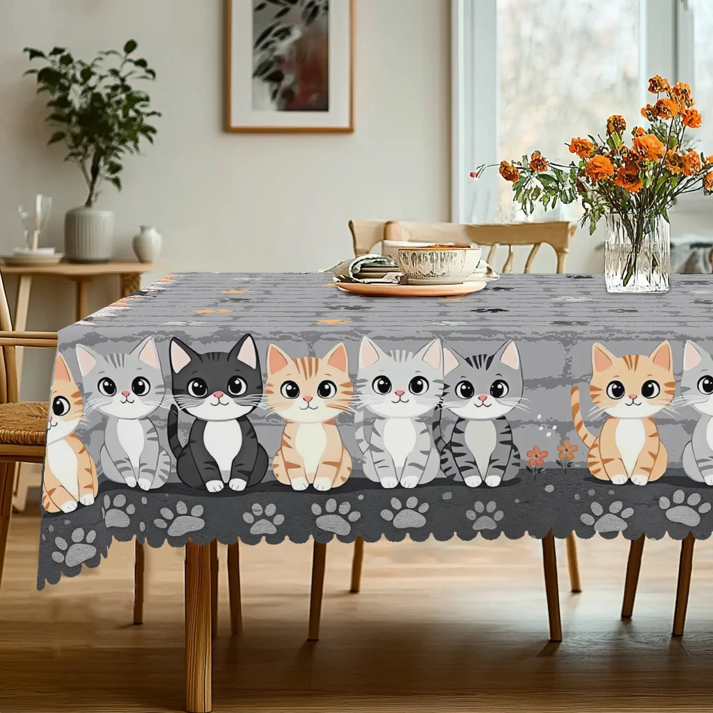 1 Piece of Cute Cat-Themed Round and Rectangular Tablecloth, Available in Various Sizes, with Soft and Adorable Kitten Prints Interwoven with Playful Paw Prints and Fresh Floral Embellishments, Featuring Embossed Edges, Suitable for Use on Family Dining Tables, Children's Rooms, Outdoor Picnics, and as a Tablecloth for All Seasons, Home Decoration, and a Cute Aesthetic Gift