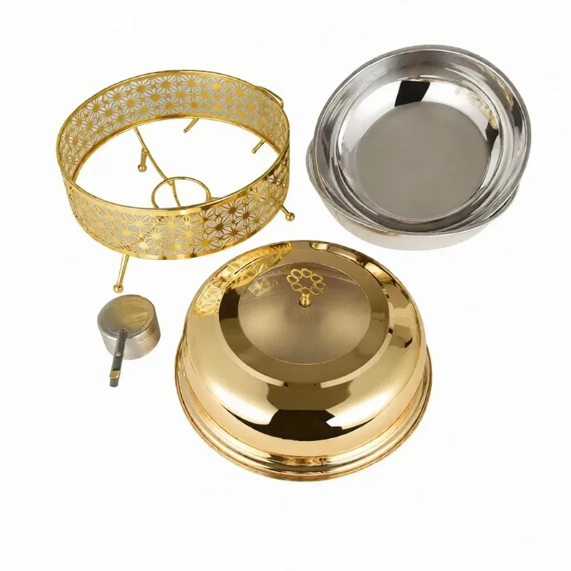 Golden Luxury Chafing Dish Food Warmer Container Hot Pot 8L Alcohol Modern Equipment Wedding Party Hotel 85-100C Temperature