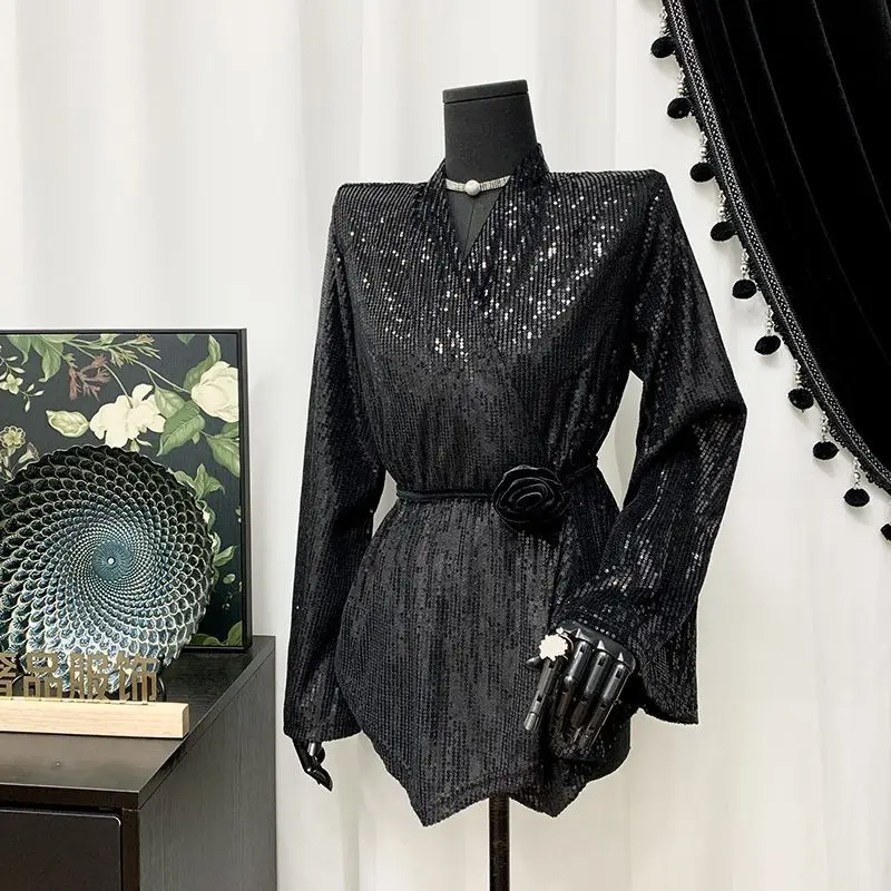 Women Spring Shirt Black Sequin Collar Waist-Cinching Slimming Knit Top Bell Sleeves Off-Shoulder V-Neck Blouse New Top