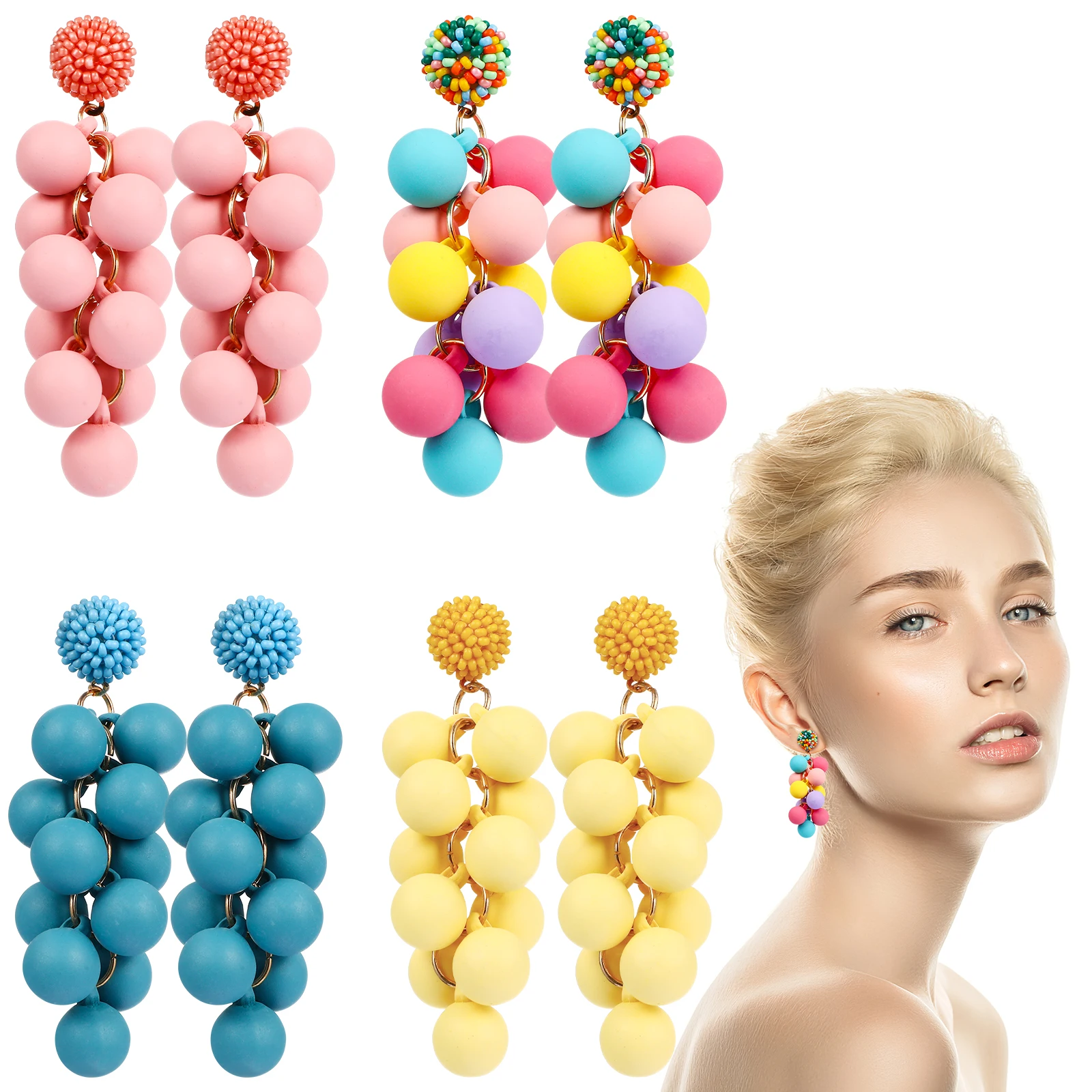 

Acrylic Dangle Earrings Light Weight Smooth Surface Colorful Balls Beach Style Women Jewelry Long Pendant Accessories