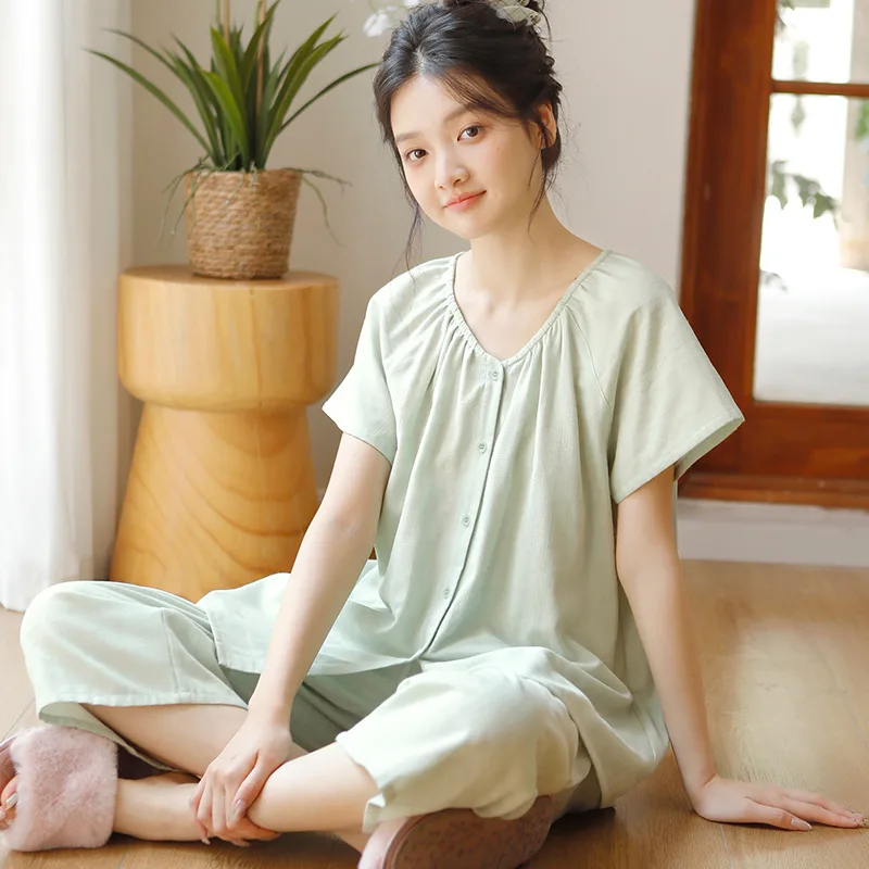

New Women's Round Neck Three-quarter Sleeve Seven-quarter Pants Pure Cotton Double-layer Cotton Yarn Cardigan Thin Loungewear