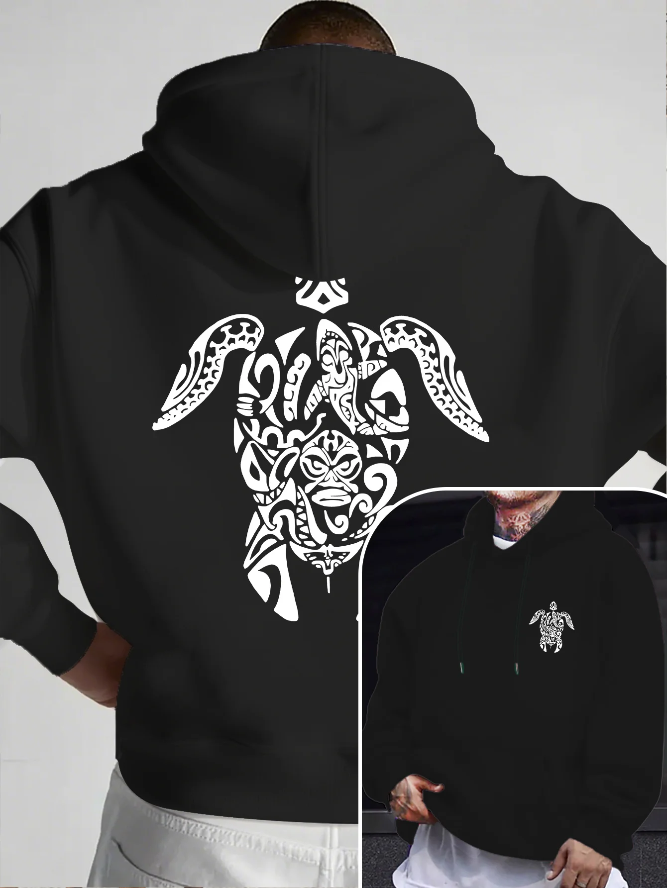 Men Sport Hip Hop Hoodie, Polynesian Tribal Turtle Graphic, Fleece Lined Sweatshirt for Urban Street Style & Winter Daily Outfit