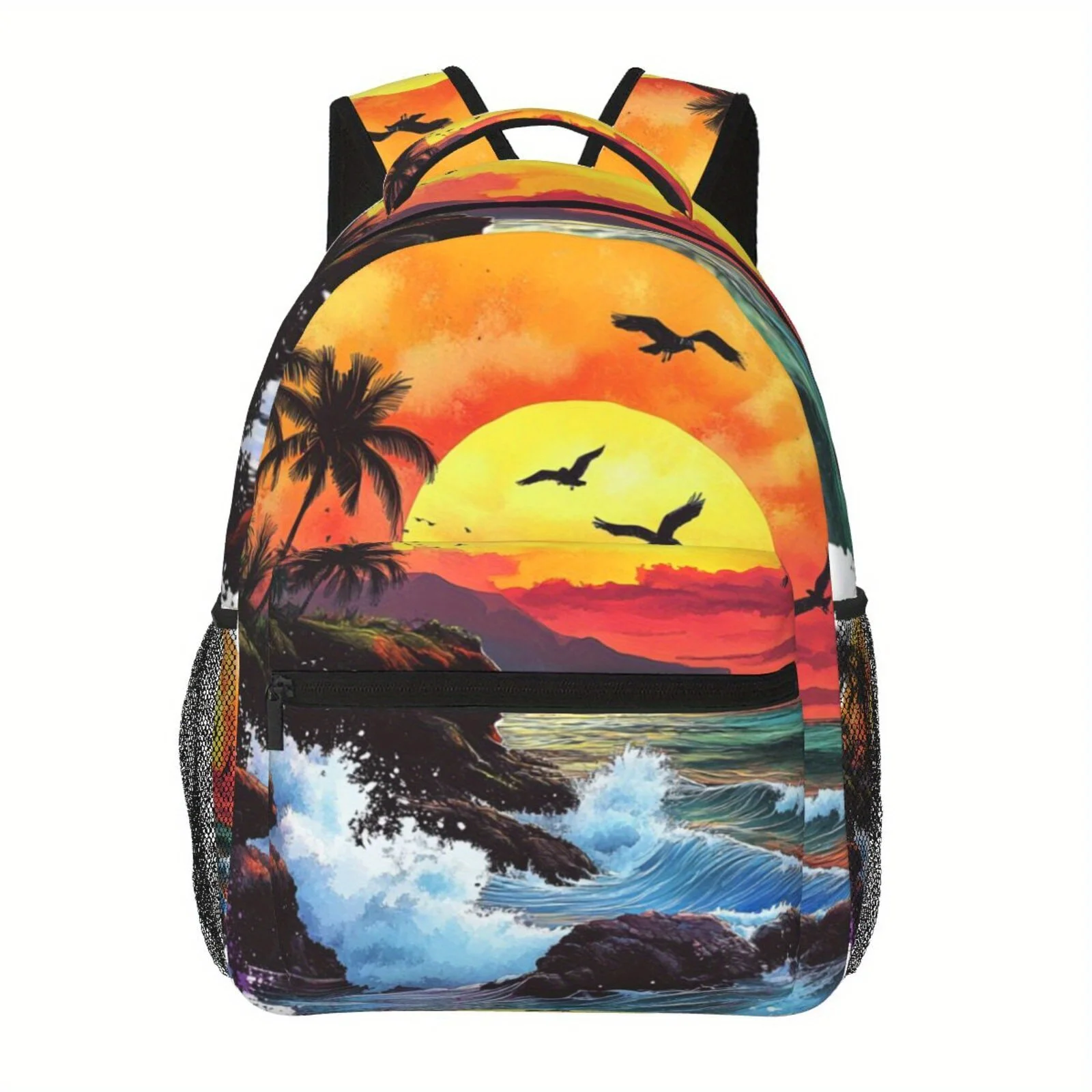 Sunset Beach Scene Backpack Vibrant Tropical Print with Palm Trees Waves and Birds Lightweight Multi-Functional Shoulder