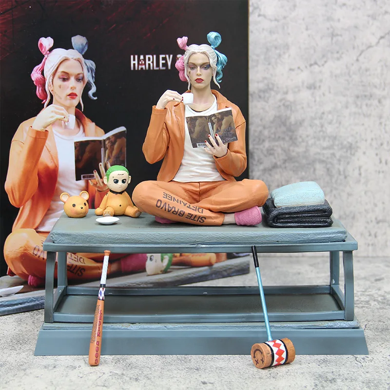 

26cm Joker Anime Figures Gk Harleen Quinzel Joker Sitting Reading Suicide Squad Desktop Decoration Statue Dolls Model Toys Gifts