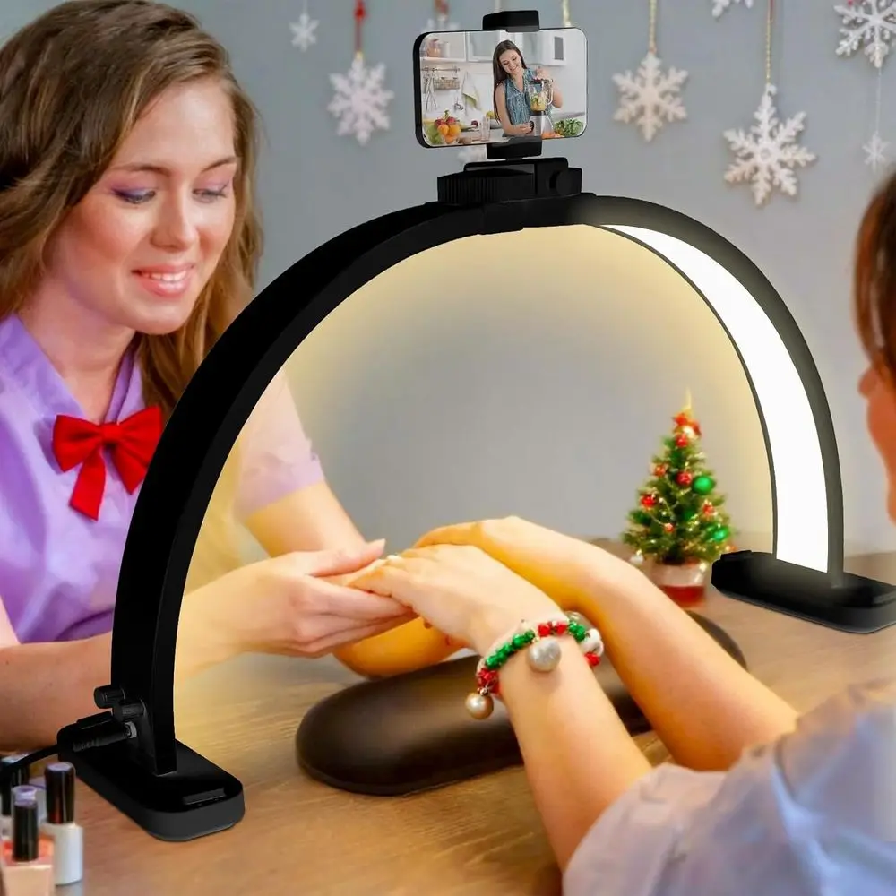 30.7 LED Nail Desk Lamp with Adjustable Brightness, Half-Moon Design, and PE Holder for Nail and Eyelash Services, Black