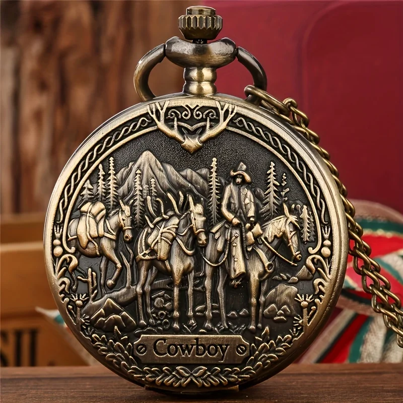 

"""Vintage """"COWBOY"""" Quartz Pocket Watch Necklace - Unique Gift Clock with Western Charm"""