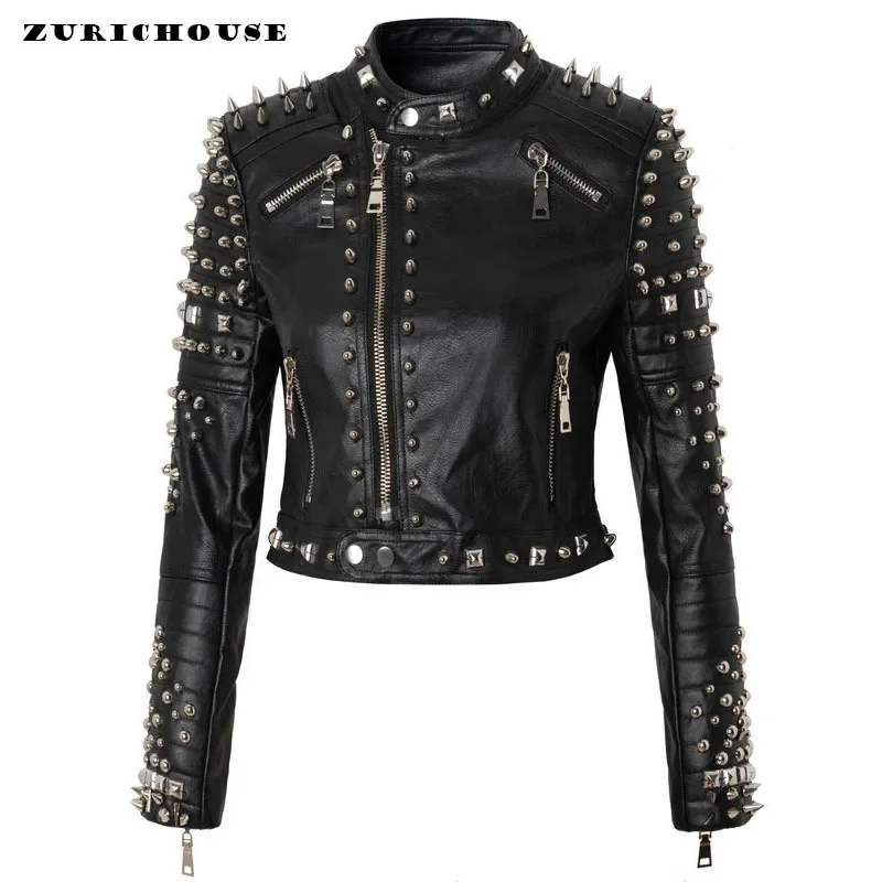 ZURICHOUSE Steampunk Silver Rivets Women\'s Leather Jacket Slim Short Streetwear Print PU Leather Locomotive Coat Mujer