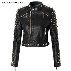 ZURICHOUSE Steampunk Silver Rivets Women's Leather Jacket Slim Short Streetwear Print PU Leather Locomotive Coat Mujer